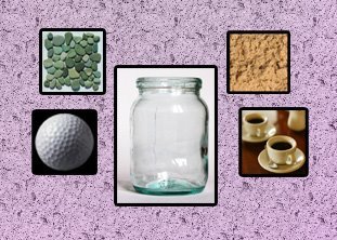 Mayonnaise Jar, golf balls, pebbles, sand and 2 Cups of Coffee